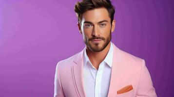 AI generated Happy and Attractive Man Wearing Pastel Color Suit with Beautiful Vibrant Background photo