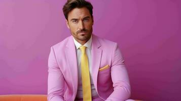 ai generado contento y atractivo hombre vistiendo pastel color traje con hermosa vibrante antecedentes foto