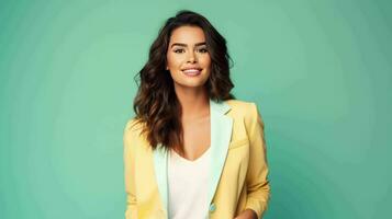 AI generated Happy and Attractive Woman Wearing Pastel Color Suit with Beautiful Vibrant Background photo