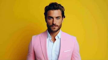 AI generated Happy and Attractive Man Wearing Pastel Color Suit with Beautiful Vibrant Background photo