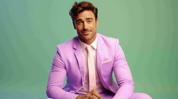 AI generated Happy and Attractive Man Wearing Pastel Color Suit with Beautiful Vibrant Background photo