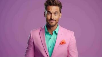 AI generated Happy and Attractive Man Wearing Pastel Color Suit with Beautiful Vibrant Background photo