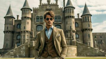 AI generated Well Dressed Man Standing in front of vintage castle photo