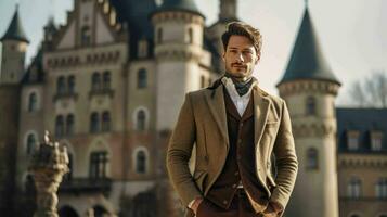 AI generated Well Dressed Man Standing in front of vintage castle photo