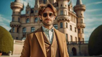 AI generated Well Dressed Man Standing in front of vintage castle photo
