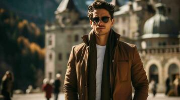 AI generated Well Dressed Man Standing in front of vintage castle photo