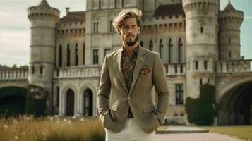 AI generated Well Dressed Man Standing in front of vintage castle photo