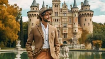 AI generated Well Dressed Man Standing in front of vintage castle photo