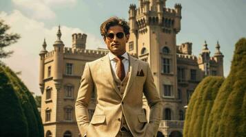 AI generated Well Dressed Man Standing in front of vintage castle photo