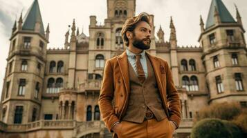 AI generated Well Dressed Man Standing in front of vintage castle photo