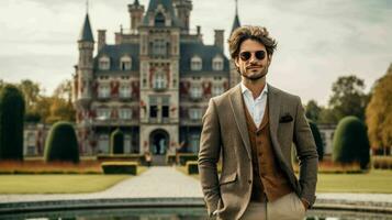 AI generated Well Dressed Man Standing in front of vintage castle photo