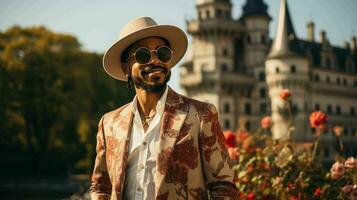 AI generated Well Dressed Man Standing in front of vintage castle photo