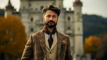 AI generated Well Dressed Man Standing in front of vintage castle photo