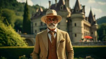 AI generated Well Dressed Man Standing in front of vintage castle photo