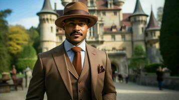 AI generated Well Dressed Man Standing in front of vintage castle photo