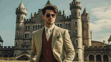 AI generated Well Dressed Man Standing in front of vintage castle photo