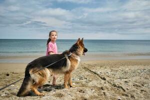 A girl in a pink T-shirt and a dog are walking. photo