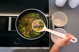 The girl serves the soup with a ladle. photo