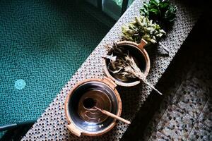 Bath spa accessories on the pool. photo