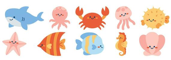 Set with hand drawn sea life elements. Sea animals. Vector doodle cartoon set of marine life objects for your design.