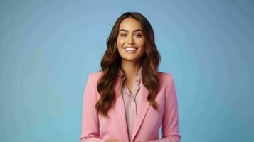 AI generated Happy and Attractive Woman Wearing Pastel Color Suit with Beautiful Vibrant Background photo