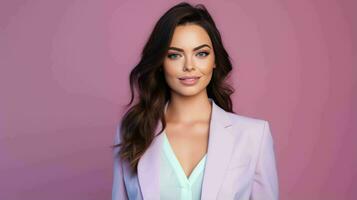 AI generated Happy and Attractive Woman Wearing Pastel Color Suit with Beautiful Vibrant Background photo