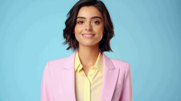 AI generated Happy and Attractive Woman Wearing Pastel Color Suit with Beautiful Vibrant Background photo