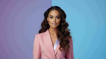 AI generated Happy and Attractive Woman Wearing Pastel Color Suit with Beautiful Vibrant Background photo