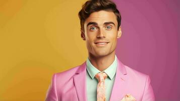 AI generated Happy and Attractive Man Wearing Pastel Color Suit with Beautiful Vibrant Background photo