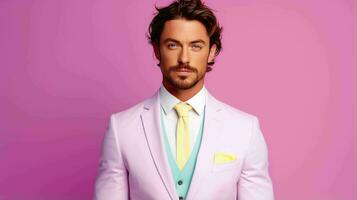 AI generated Happy and Attractive Man Wearing Pastel Color Suit with Beautiful Vibrant Background photo