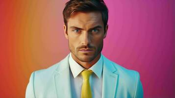 AI generated Happy and Attractive Man Wearing Pastel Color Suit with Beautiful Vibrant Background photo