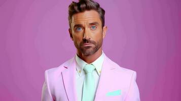 AI generated Happy and Attractive Man Wearing Pastel Color Suit with Beautiful Vibrant Background photo