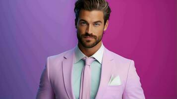 ai generado contento y atractivo hombre vistiendo pastel color traje con hermosa vibrante antecedentes foto