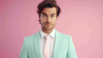 AI generated Happy and Attractive Man Wearing Pastel Color Suit with Beautiful Vibrant Background photo