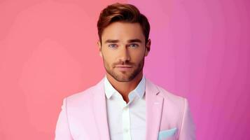 AI generated Happy and Attractive Man Wearing Pastel Color Suit with Beautiful Vibrant Background photo