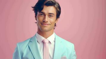 AI generated Happy and Attractive Man Wearing Pastel Color Suit with Beautiful Vibrant Background photo