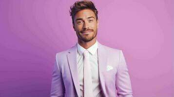 AI generated Happy and Attractive Man Wearing Pastel Color Suit with Beautiful Vibrant Background photo