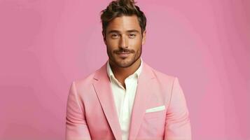 ai generado contento y atractivo hombre vistiendo pastel color traje con hermosa vibrante antecedentes foto