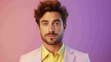 AI generated Happy and Attractive Man Wearing Pastel Color Suit with Beautiful Vibrant Background photo