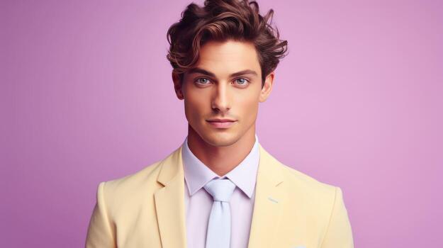 AI generated Happy and Attractive Man Wearing Pastel Color Suit with Beautiful Vibrant Background photo