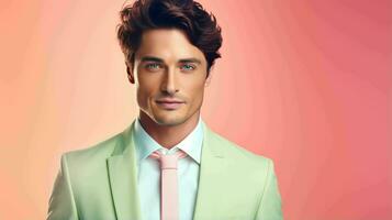 AI generated Happy and Attractive Man Wearing Pastel Color Suit with Beautiful Vibrant Background photo