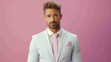 AI generated Happy and Attractive Man Wearing Pastel Color Suit with Beautiful Vibrant Background photo