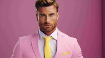 AI generated Happy and Attractive Man Wearing Pastel Color Suit with Beautiful Vibrant Background photo