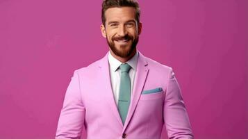 ai generado contento y atractivo hombre vistiendo pastel color traje con hermosa vibrante antecedentes foto