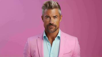 AI generated Happy and Attractive Man Wearing Pastel Color Suit with Beautiful Vibrant Background photo