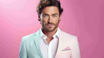 AI generated Happy and Attractive Man Wearing Pastel Color Suit with Beautiful Vibrant Background photo