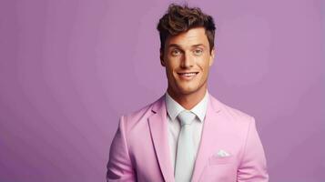 AI generated Happy and Attractive Man Wearing Pastel Color Suit with Beautiful Vibrant Background photo
