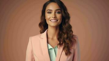 AI generated Happy and Attractive Woman Wearing Pastel Color Suit with Beautiful Vibrant Background photo