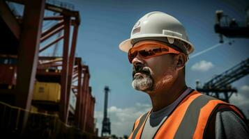 ai generado trabajador portuario a un puerto marítimo foto