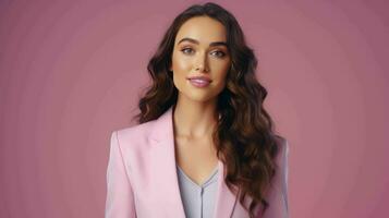 AI generated Happy and Attractive Woman Wearing Pastel Color Suit with Beautiful Vibrant Background photo